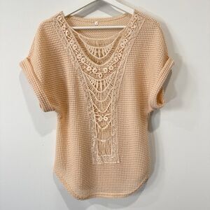 Feminine Boho Tan Beige Crochet Lace Blouse Size M